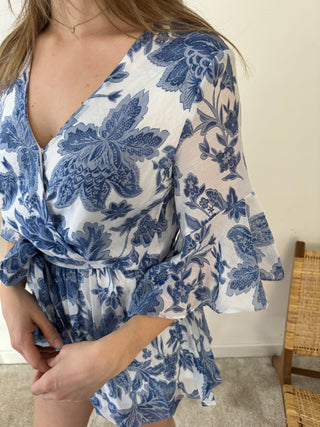 Blue flowers white playsuit