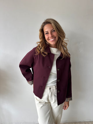 Burgundy checked trench jacket