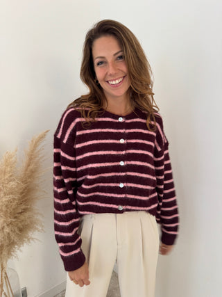 Burgundy pink striped button knit