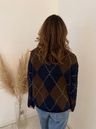 Navy brown argyle knit