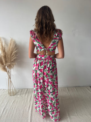 Pink flowers ruffled maxi dress