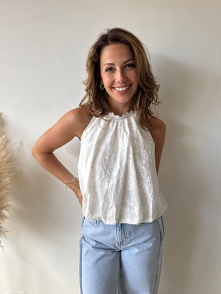 White open back lace top