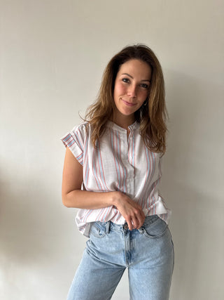 Red blue striped blouse