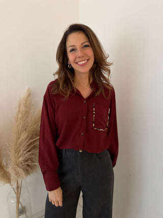 Leopard pocket burgundy blouse