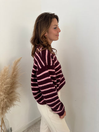 Burgundy pink striped button knit