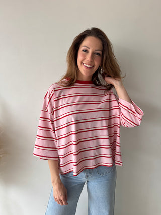 Knot back pink red striped top