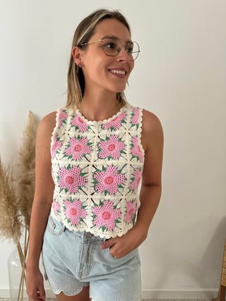 Pink flowers crochet top