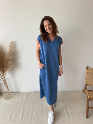 Orange detail blue flowy dress