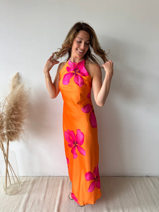 Fuchsia flowers orange dress