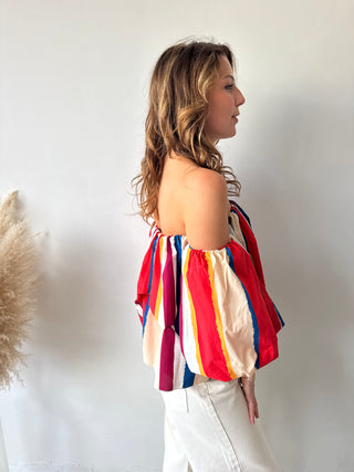 Red blue striped strapless top