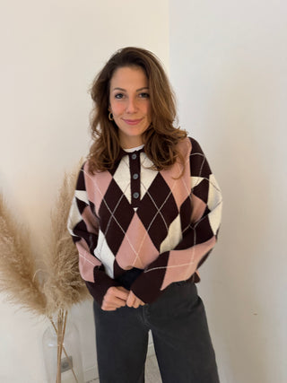Pink brown argyle polo knit
