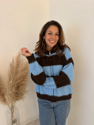 Blue brown soft zipper knit