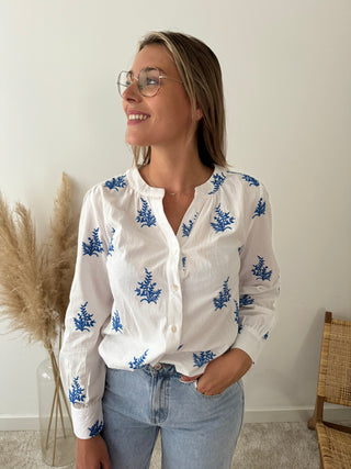 Blue leaves white blouse