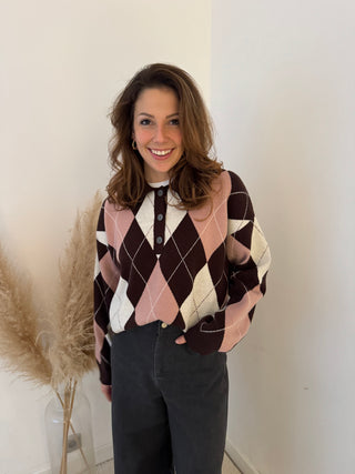Pink brown argyle polo knit