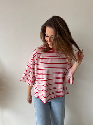 Knot back pink red striped top