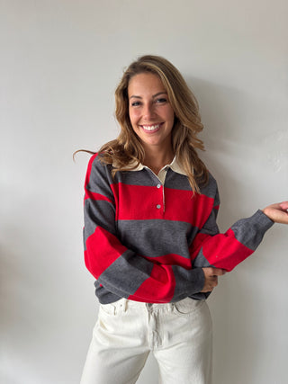 Red grey striped polo sweater