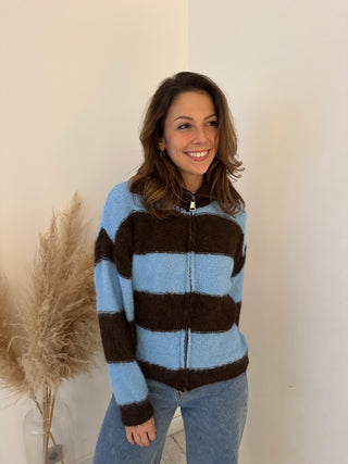 Blue brown soft zipper knit