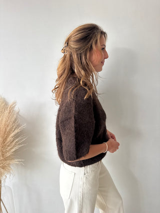 Brown short sleeves button knit
