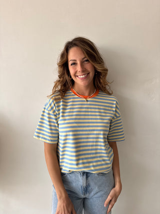 Orange detail blue t-shirt
