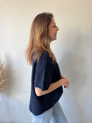 Navy open shoulder soft knit