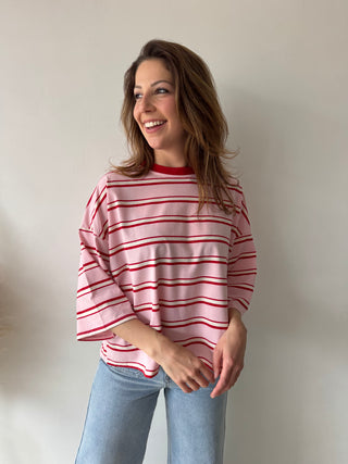 Knot back pink red striped top