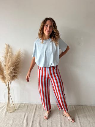 Orange blue striped jeans