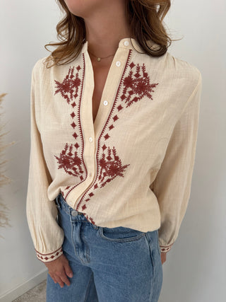 Burgundy details beige blouse