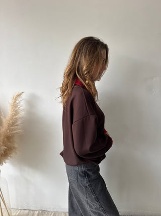 Red details brown sweater