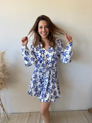 Blue flowers white summer dress
