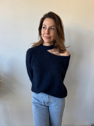 Navy open shoulder soft knit