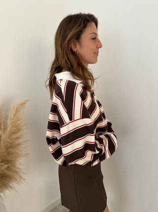 Burgundy detail striped brown polo