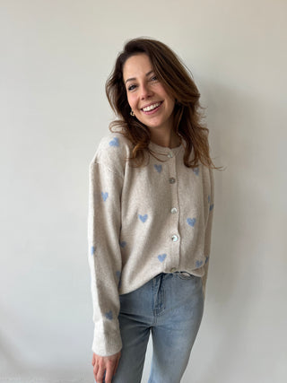 Blue hearts beige knit