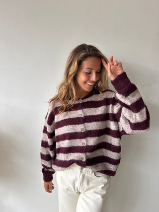 Burgundy taupe striped button knit