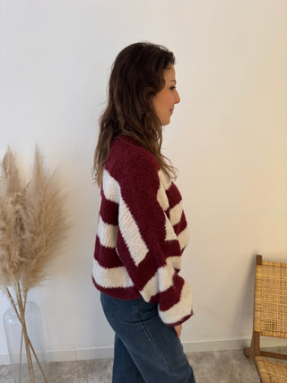 Beige burgundy striped knit