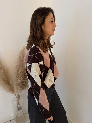 Pink brown argyle polo knit