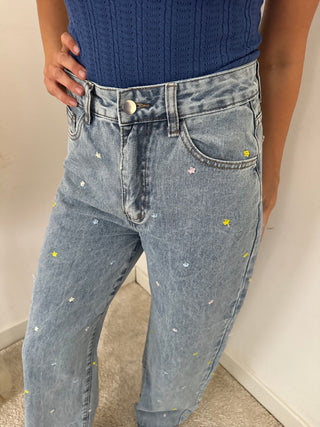 Colorful flowers denim pants