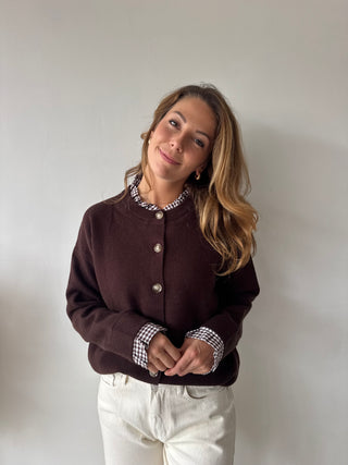 Checked details brown button knit