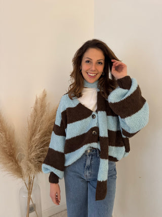 Brown blue striped button scarf knit