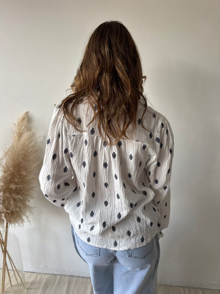 Navy leaves white tetra blouse