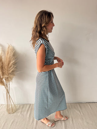 Brown blue striped maxi dress