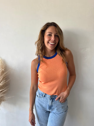 Blue detail orange top
