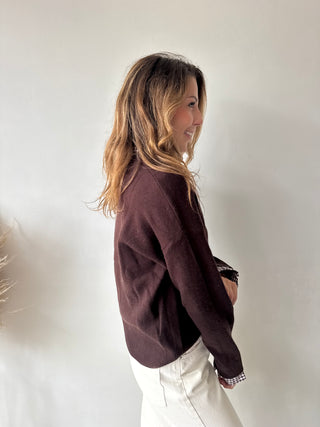 Checked details brown button knit