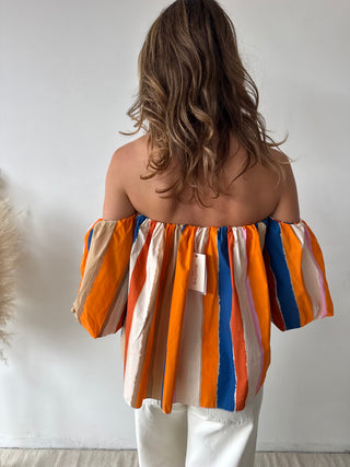 Orange blue strapless top