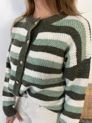 Gold buttons green striped cardigan