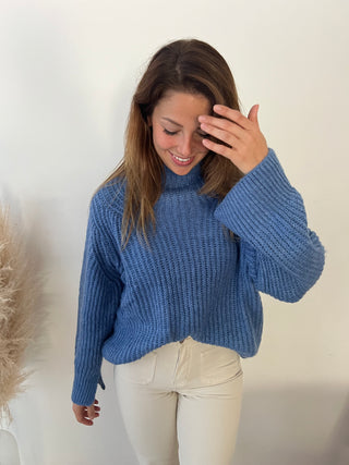 Blue high neck chunky knit