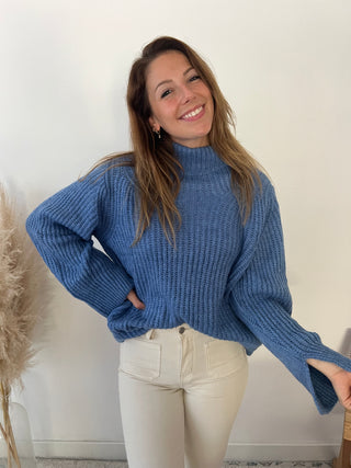 Blue high neck chunky knit