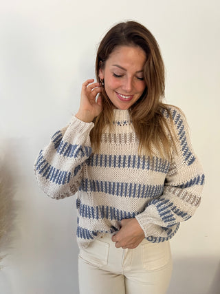 Blue taupe striped beige sweater