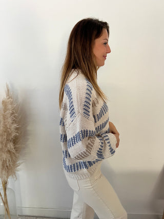 Blue taupe striped beige sweater