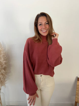 Dark pink high neck wide sleeves sweater