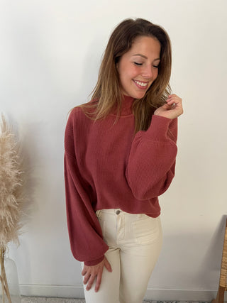 Dark pink high neck wide sleeves sweater